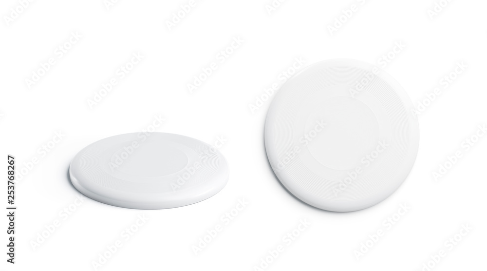 Blank white plastic frisbee mockup, isolated, top and side view, 3d rendering. Empty playing frisbe mock up. Clear disk for activity. Outdoor sports for company template.. Blank white plastic frisbee mockup, isolated, top and side view, 3d rendering. Empty playing frisbe mock up. Clear disk for activity. Outdoor sports for company template..