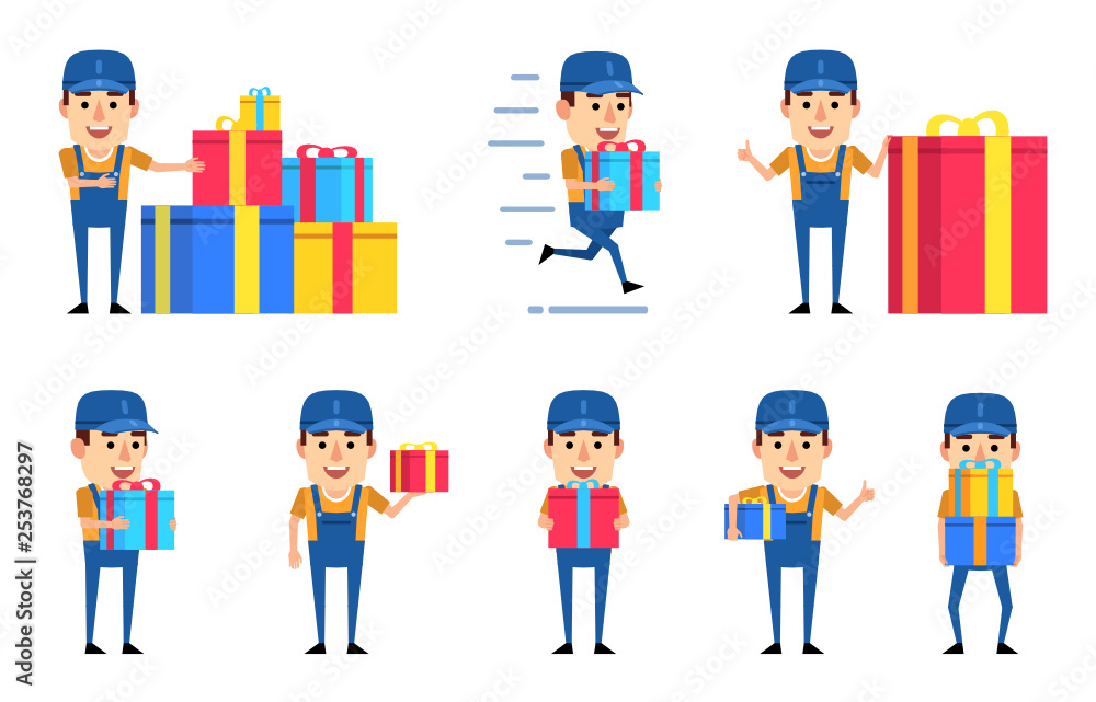 Set of workman, mechanic characters posing with various gift boxes. Funny worker holding gift box, running and showing other actions. Flat design vector illustration
