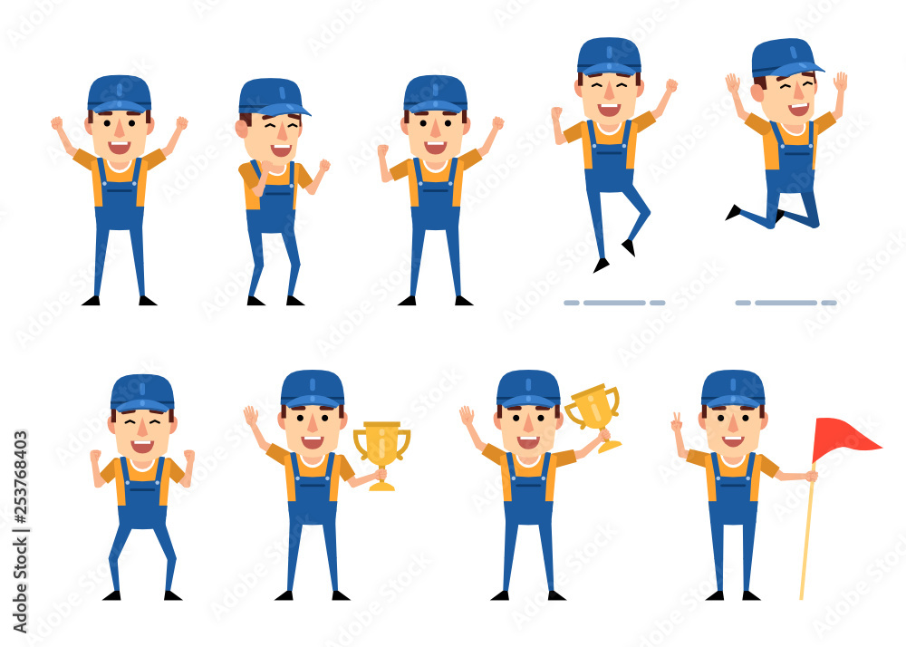 Set of workman characters showing various success poses and actions. Funny mechanic holding winners cup, jumping, celebrating and showing other actions. Flat design vector illustration