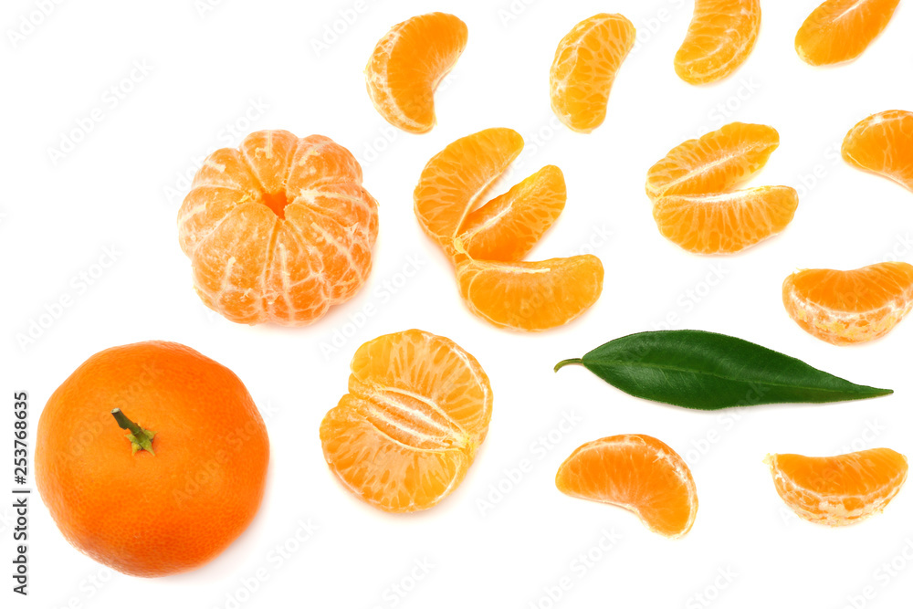 mandarin with slices and green leaf isolated on white background top view