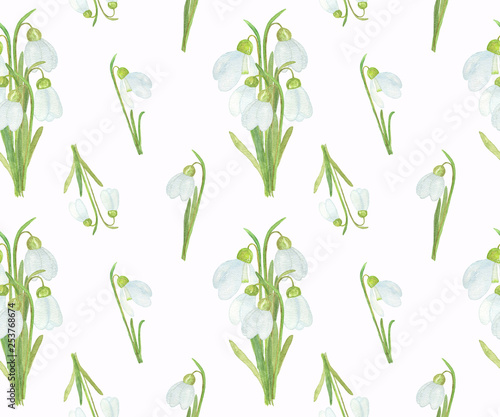 Snowdrop flowers seamless pattern on the white background