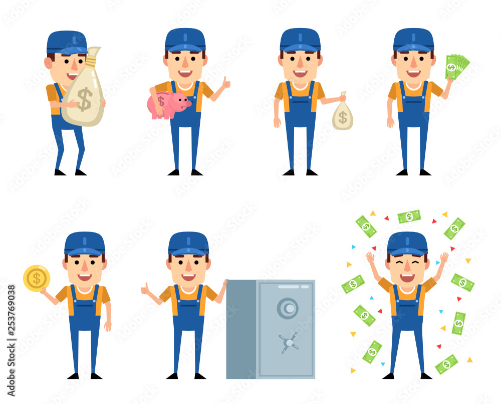 Set of workman characters with money showing various actions. Cheerful worker holding bag of money, piggy bank, coin and showing other actions. Flat design vector illustration