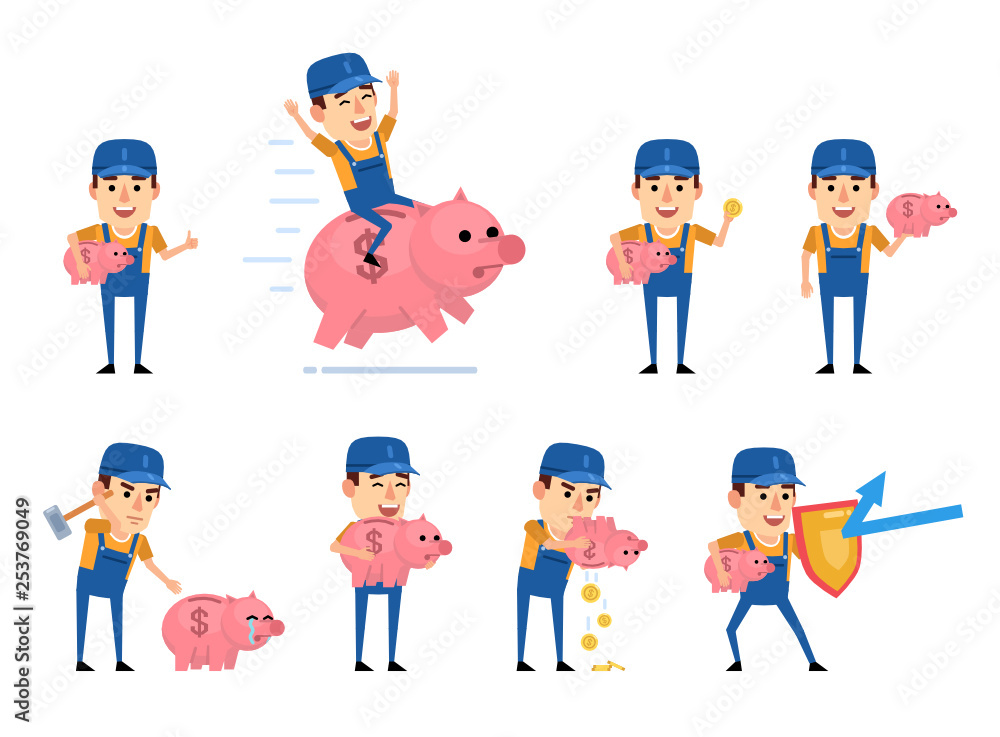 Set of workman characters with piggy bank showing various actions. Cheerful worker saving money, riding piggy bank and showing other actions. Flat design vector illustration Set of workman characters with piggy bank showing various actions. Cheerful worker saving money, riding piggy bank and showing other actions. Flat design vector illustration