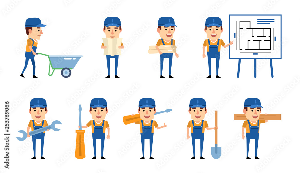 Set of workman characters showing various actions. Cheerful worker holding wrench, screwdriver, shovel, pushing wheelbarrow and showing other actions. Flat design vector illustration