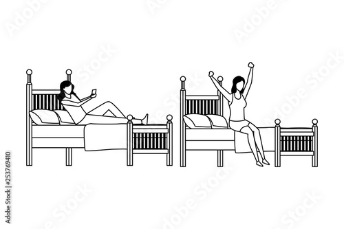 twin dormitory faceless women in black and white