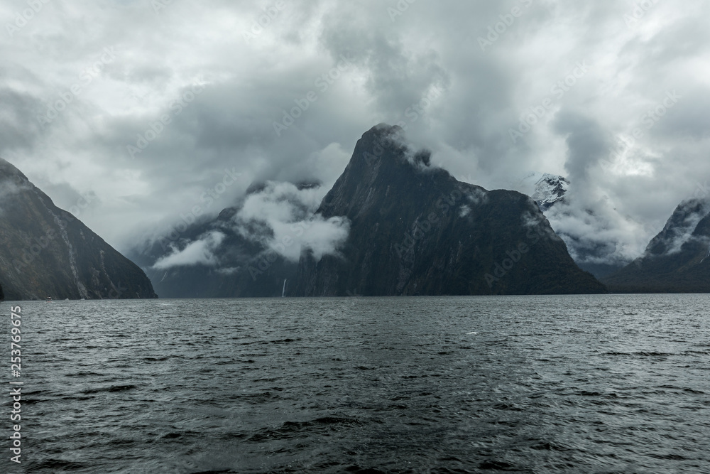 Cloudy and rainy day at Milford Sound, South Island, New Zealand Cloudy and rainy day at Milford Sound, South Island, New Zealand