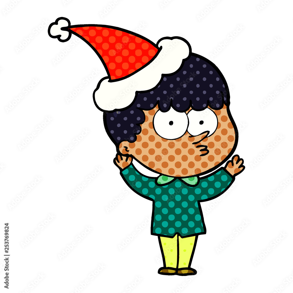 comic book style illustration of a curious boy wearing santa hat comic book style illustration of a curious boy wearing santa hat