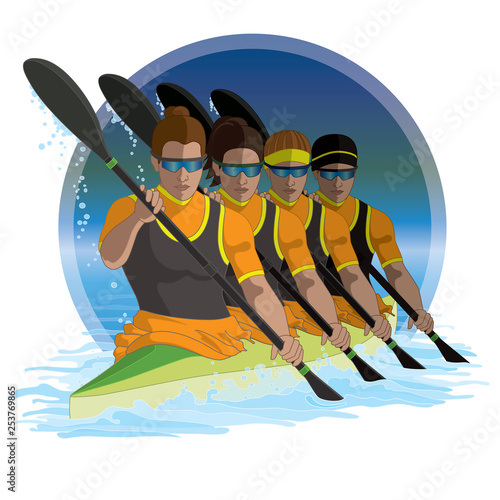 kayaking K4 team of four females paddling with circle of water in the background photo