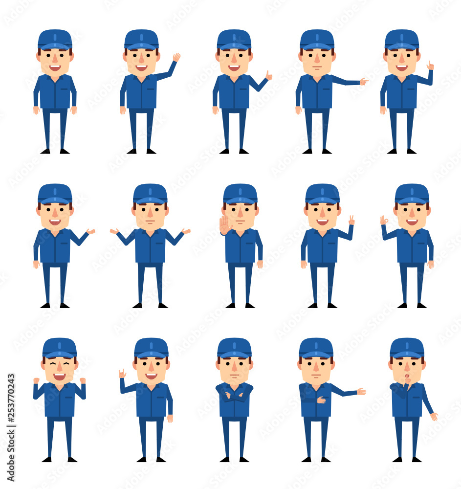 Set of mechanic, worker showing various hand gestures. Funny mechanic pointing, greeting, showing thumb up and other gestures. Flat design vector illustration