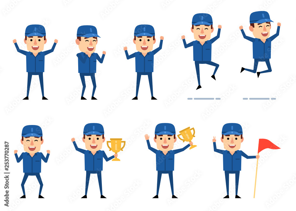 Set of workman characters showing various success poses and actions. Funny mechanic holding winners cup, jumping, celebrating and showing other actions. Flat design vector illustration