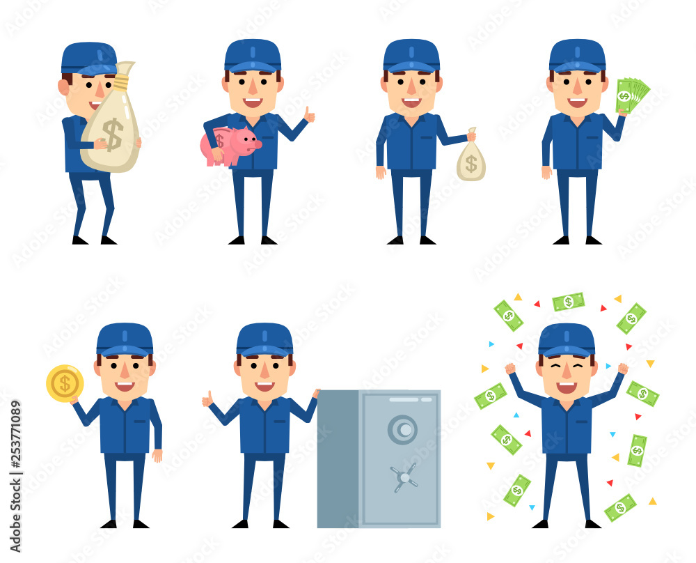 Set of workman characters with money showing various actions. Cheerful worker holding bag of money, piggy bank, coin and showing other actions. Flat design vector illustration