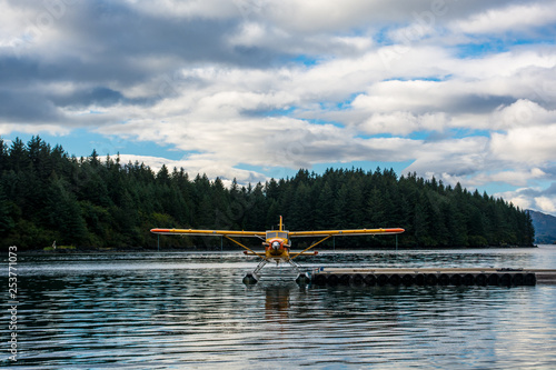 Alaska's transport. Small hydroplane on the water. Ready to start