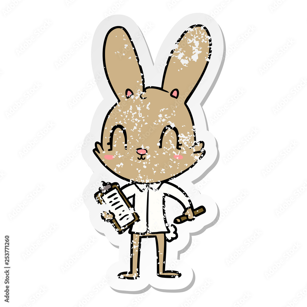 distressed sticker of a cute cartoon rabbit with clipboard