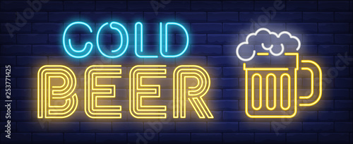 Cold beer neon sign. Beer mug with froth