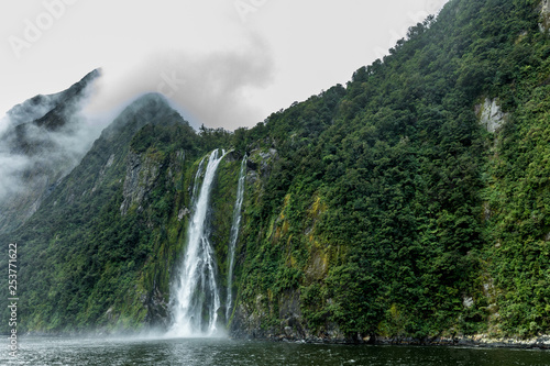 Cloudy and rainy day at Milford Sound  South Island  New Zealand