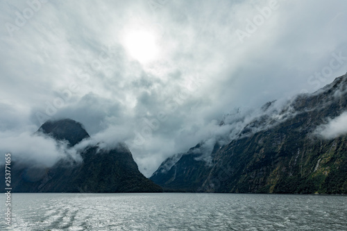 Cloudy and rainy day at Milford Sound, South Island, New Zealand