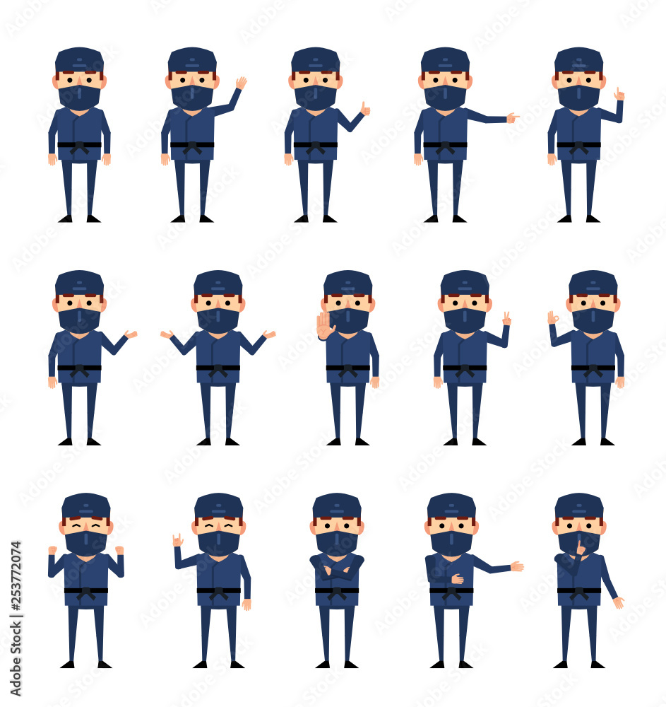 Set of ninja characters in dark suit showing various hand gestures ...