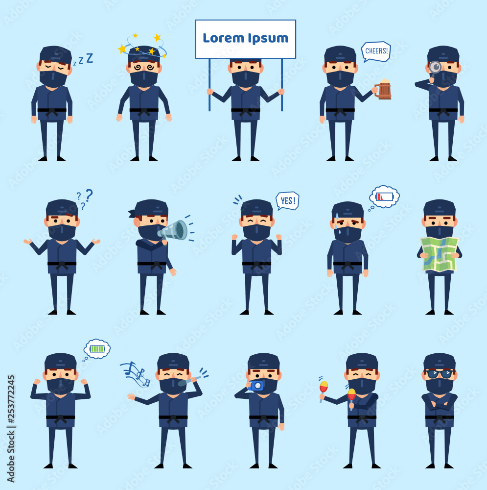Set of ninja characters showing various actions, emotions. Funny ninja sleeping, dazed, holding loudspeaker, signboard, map and showing other actions. Flat design vector illustration
