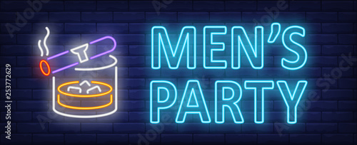 Mens party neon sign. Glass with whisky and cigar