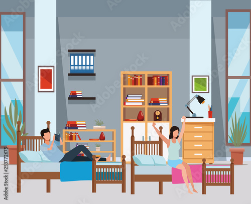 twin bed dormitory and faceless people