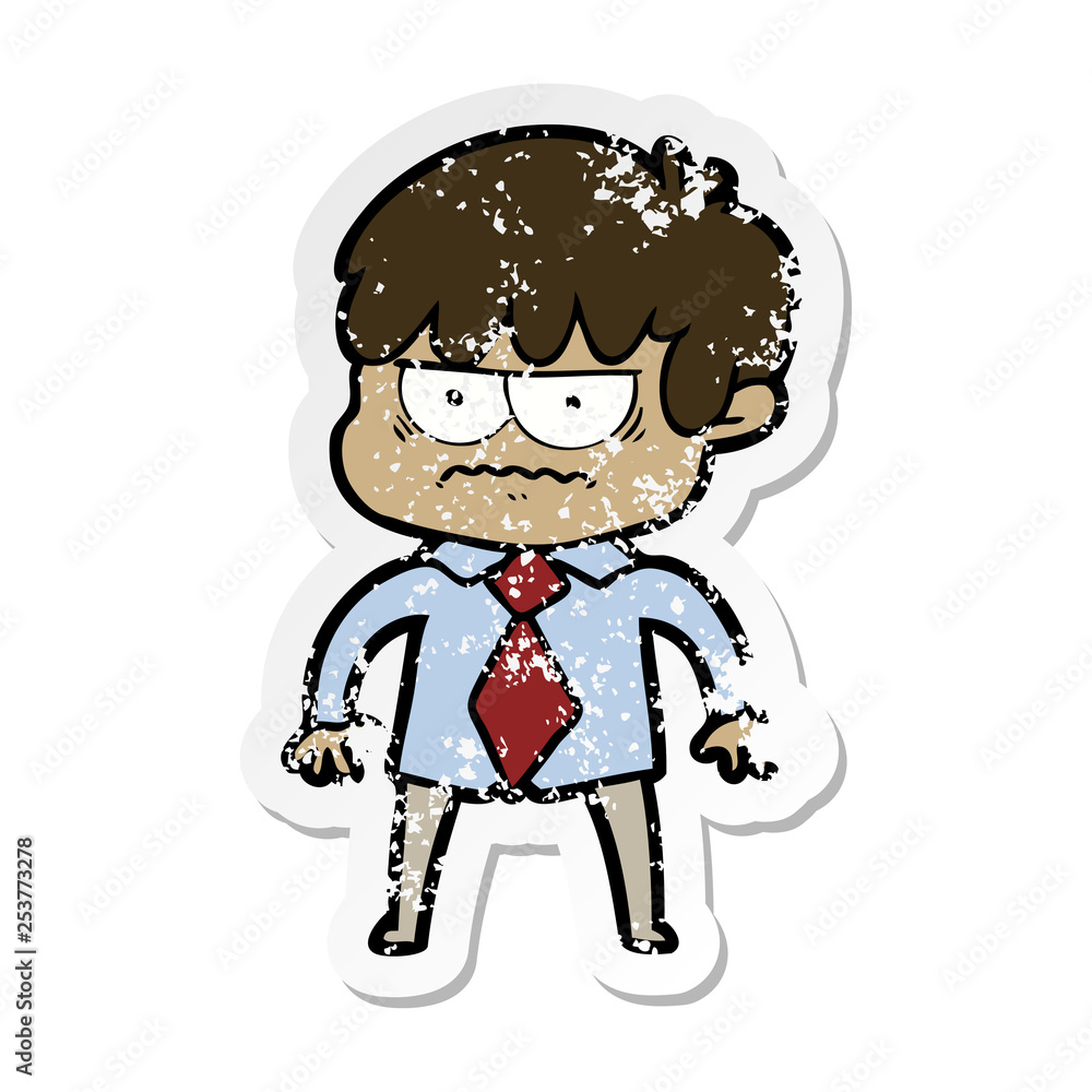 distressed sticker of a annoyed cartoon boy distressed sticker of a annoyed cartoon boy