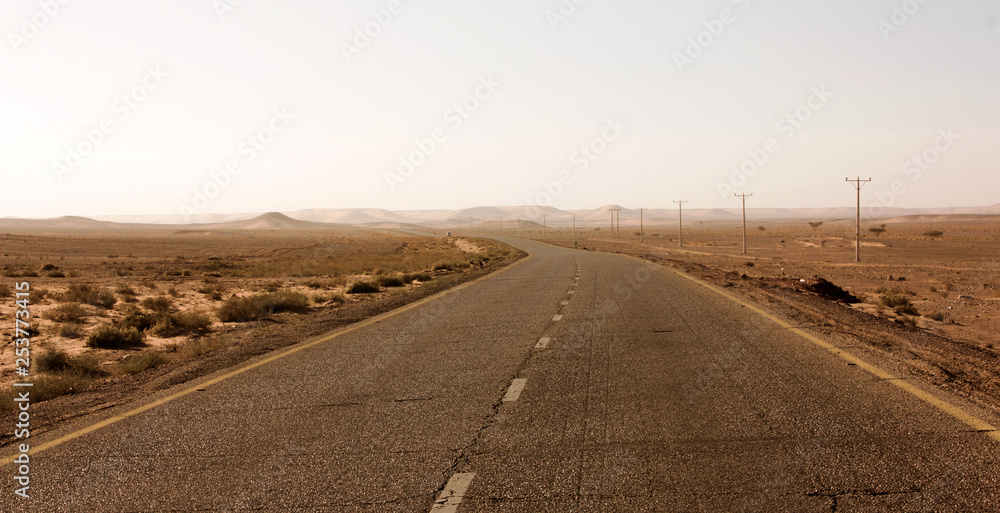 Highway through scenic desert of Jordan. High voltage powerlines along asphalt road in arid valley. Early morning in wilderness after sunrise. Electric power poles. Horizontal.
