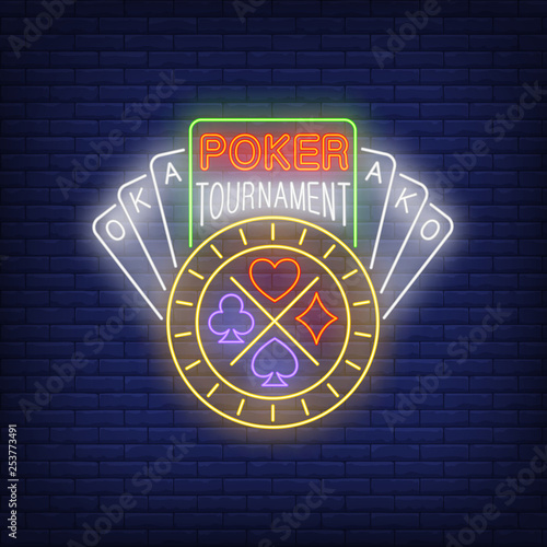 Poker tournament neon text with playing cards and chip