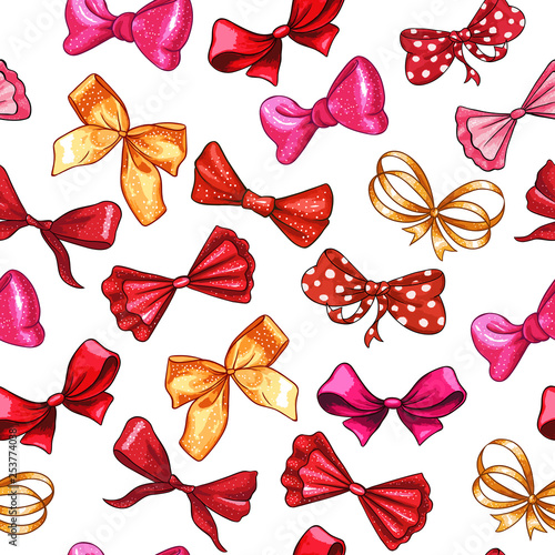 Bow hand drawn vector seamless pattern. Golden gradient, red, pink ribbon knots illustration. Gift bowknots drawing. Isolated color hair accessories clipart. Holiday wrapping paper, textile design