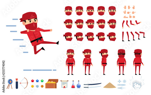 Ninja in red suit creation kit. Create your own pose, action, animation. Various emotions, gestures, design elements. Flat design vector illustration