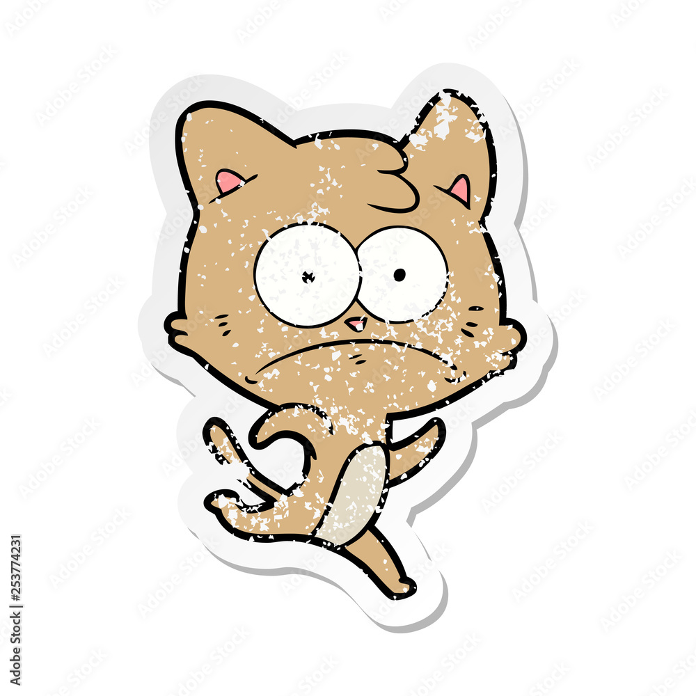 distressed sticker of a cartoon nervous cat distressed sticker of a cartoon nervous cat