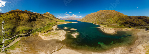 Panoramic drone photos of Lake Hawea and mountains, South Island, New Zealand