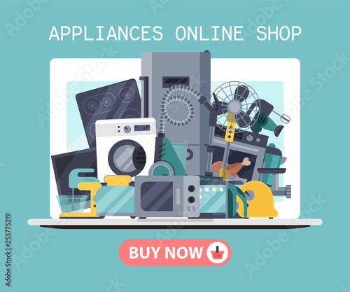 Home appliances poster flat illustration vector. Modern technology house machine equipment. Domestic appliance automation device.