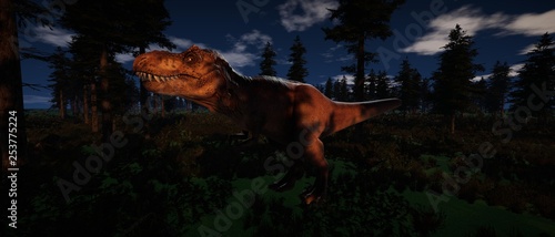 Extremely detailed and realistic high resolution 3d illustration of a T-Rex Dinosaur standing in the forest © Sasa Kadrijevic