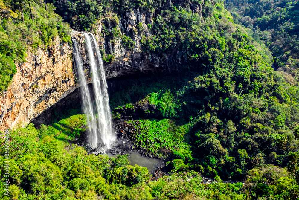 View of the Caracol Waterfall, with 131 meters of fall, in the middle of the forest, Gramado, Rio Grande do Sul, Brazil