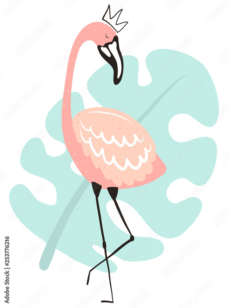 Obraz premium Vector tropical illustration of a flamingo in the crown on the blue monstera leaf background. Hand-drawn summer poster for kids, holidays, clothes, decor, textile, fabric, cards, baby