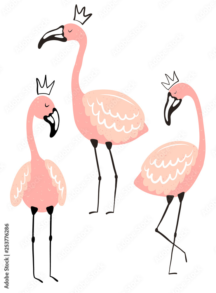 Obraz premium Vector tropical illustration of cute isolated flamingos in the crown. Hand-drawn summer exotic poster for kids, holidays, clothes, decor, textile, fabric, card.