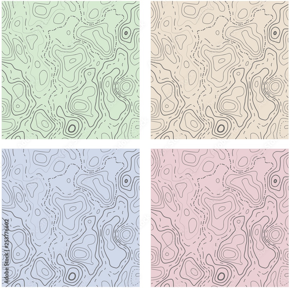 Fototapeta Set of four seamless topographic map patterns.