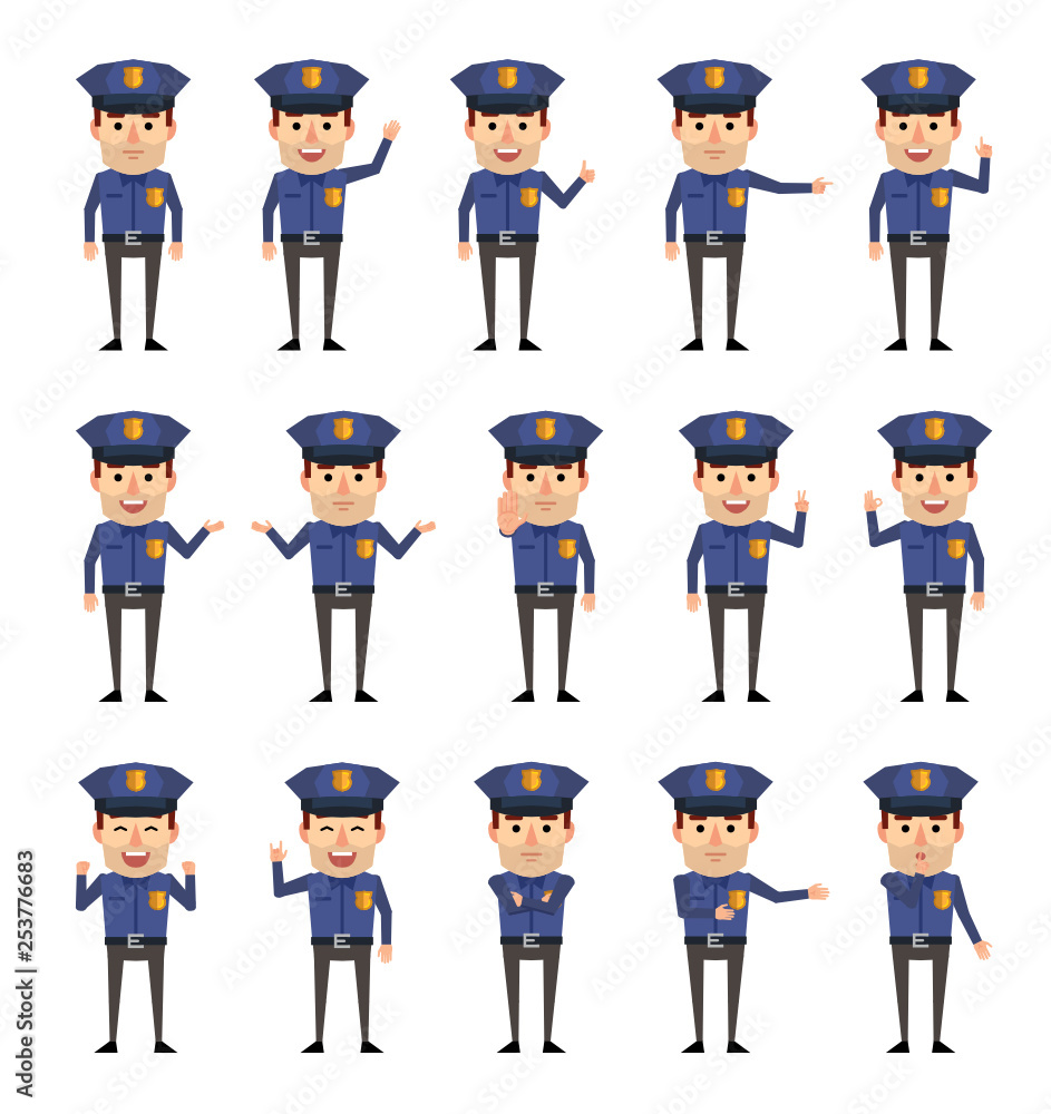 Set of policeman characters showing various hand gestures. Funny police officer pointing, greeting, showing thumb up, stop hand and other gestures. Flat design vector illustration