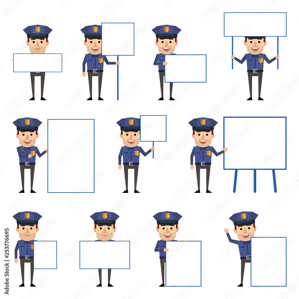 Set of policeman characters posing with various blank signboards. Funny police officer holding paper, banner, placard, pointing to whiteboard. Flat design vector illustration