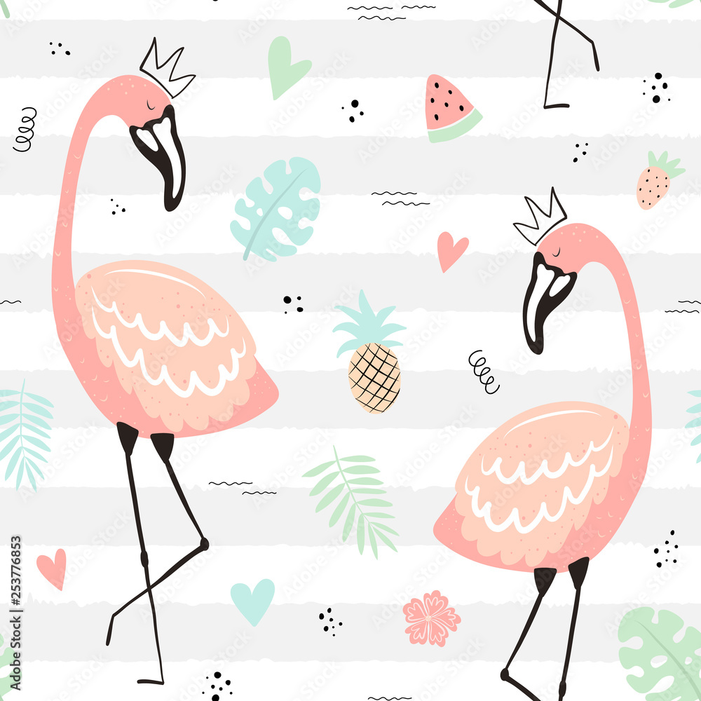 Obraz premium Seamless tropical striped pattern with cute flamingos in the crown, leaf, pineapple, watermelon, strawberry. Vector summer illustration of a flamingo for kids, textiles, background, nursery, birthday