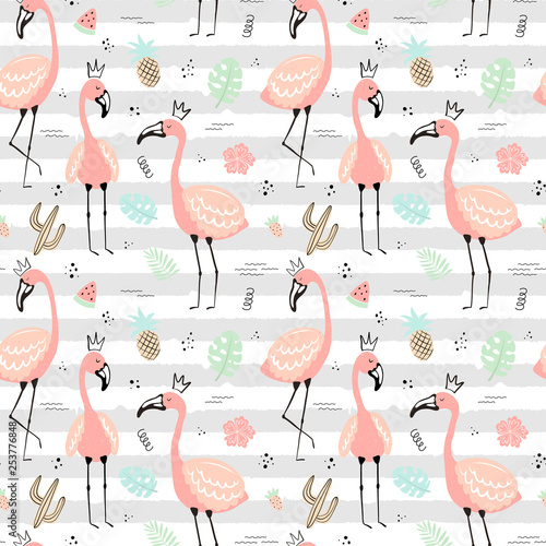 Seamless tropical striped pattern with pink flamingos in the crown, leaves, fruit, cactus.Vector summer hand-drawn illustration of a flamingo for kids, textiles, background, clothes, nursery, birthday