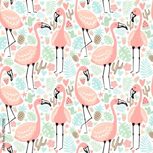 Seamless tropical pattern with flamingos, pineapple, watermelon, strawberry, cacti, leaves, hearts, stars. Vector summer illustration of a flamingo for kids, textiles, background, nursery, birthday