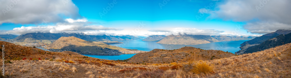 Aerial panorama view of Queenstown from Queenstown Hill