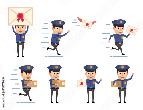 Set of funny policeman characters posing with letter and parcel. Cheerful police officer holding letter, package, running and showing other actions. Flat style vector illustration