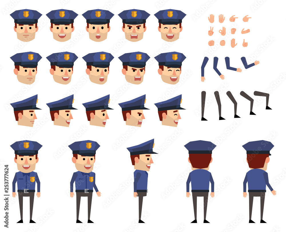 Policeman creation set. Various gestures, emotions, diverse poses, views. Create your own pose, animation. Flat style vector illustration Policeman creation set. Various gestures, emotions, diverse poses, views. Create your own pose, animation. Flat style vector illustration