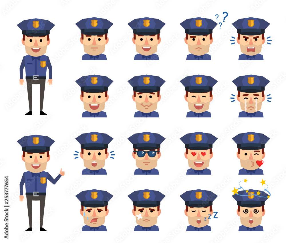 Set of policeman emoticons showing diverse facial expressions. Happy, sad, angry, cry, surprised, tired, dazed, in love and other emotions. Flat design vector illustration