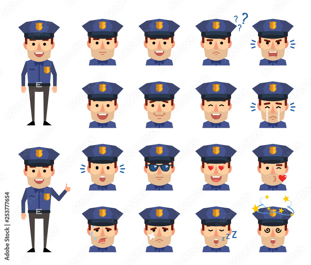 Set of policeman emoticons showing diverse facial expressions. Happy, sad, angry, cry, surprised, tired, dazed, in love and other emotions. Flat design vector illustration Set of policeman emoticons showing diverse facial expressions. Happy, sad, angry, cry, surprised, tired, dazed, in love and other emotions. Flat design vector illustration