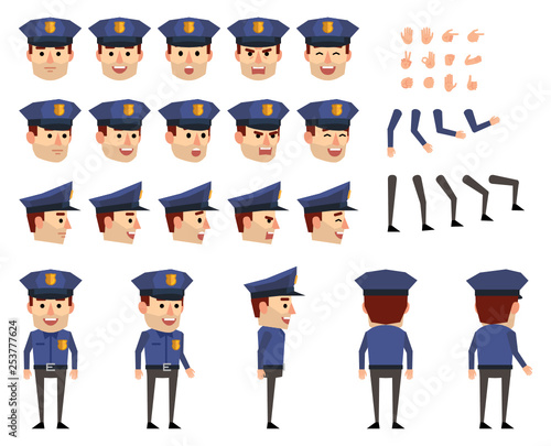 Policeman creation set. Various gestures, emotions, diverse poses, views. Create your own pose, animation. Flat style vector illustration