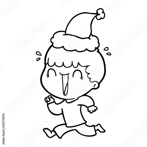 laughing line drawing of a man wearing santa hat
