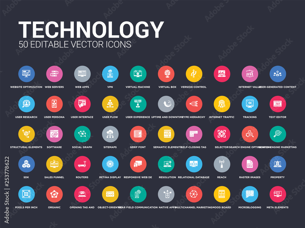 50 technology set icons such as meta elements, microblogging, mood ...
